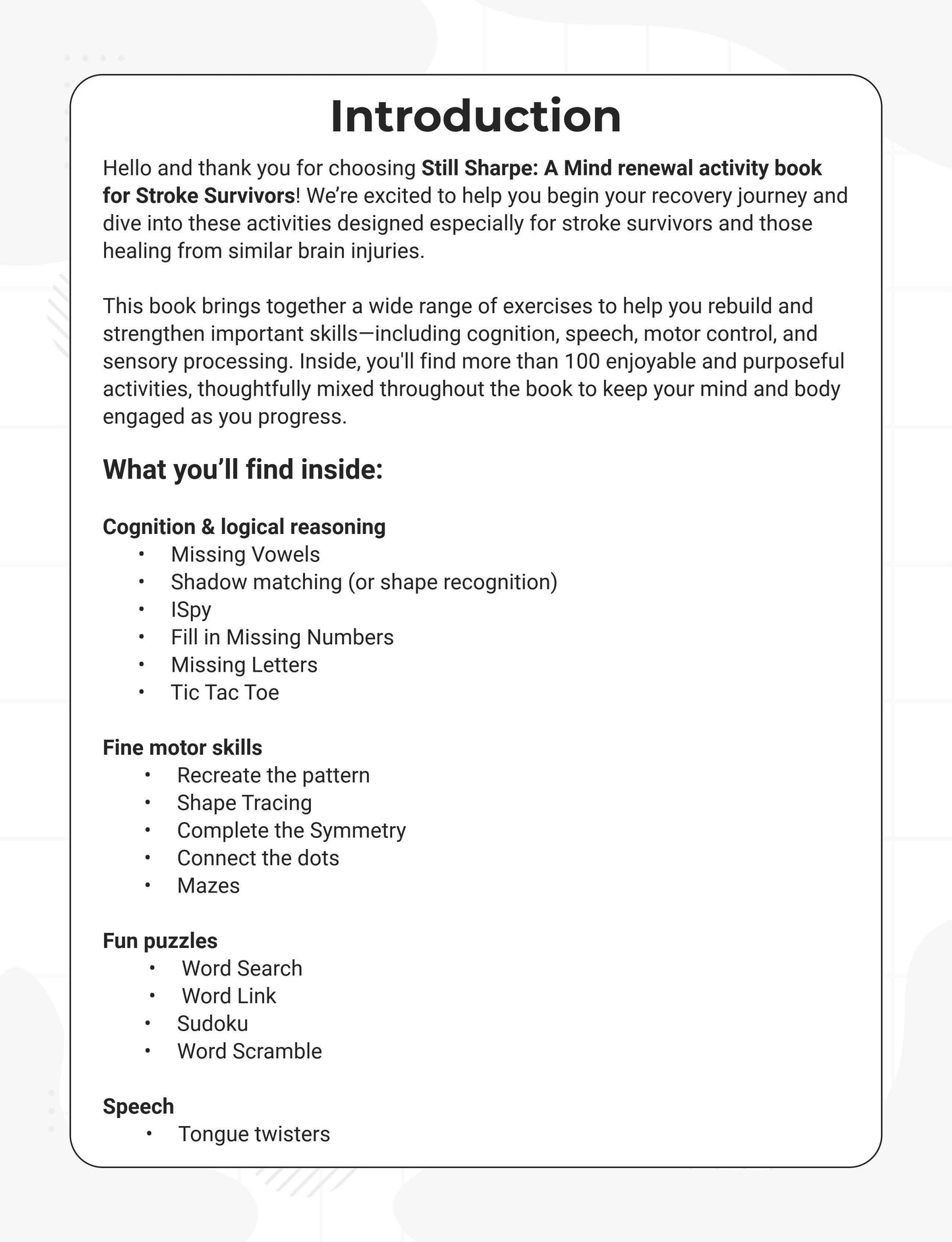 Still Sharp- A Mind Renewal Activity Book for Stroke Survivors